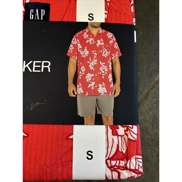 Gap Men Short Sleeve Seersucker Shirt S Cayenne Flower Fill New Red Relaxed - Picture 11 of 12